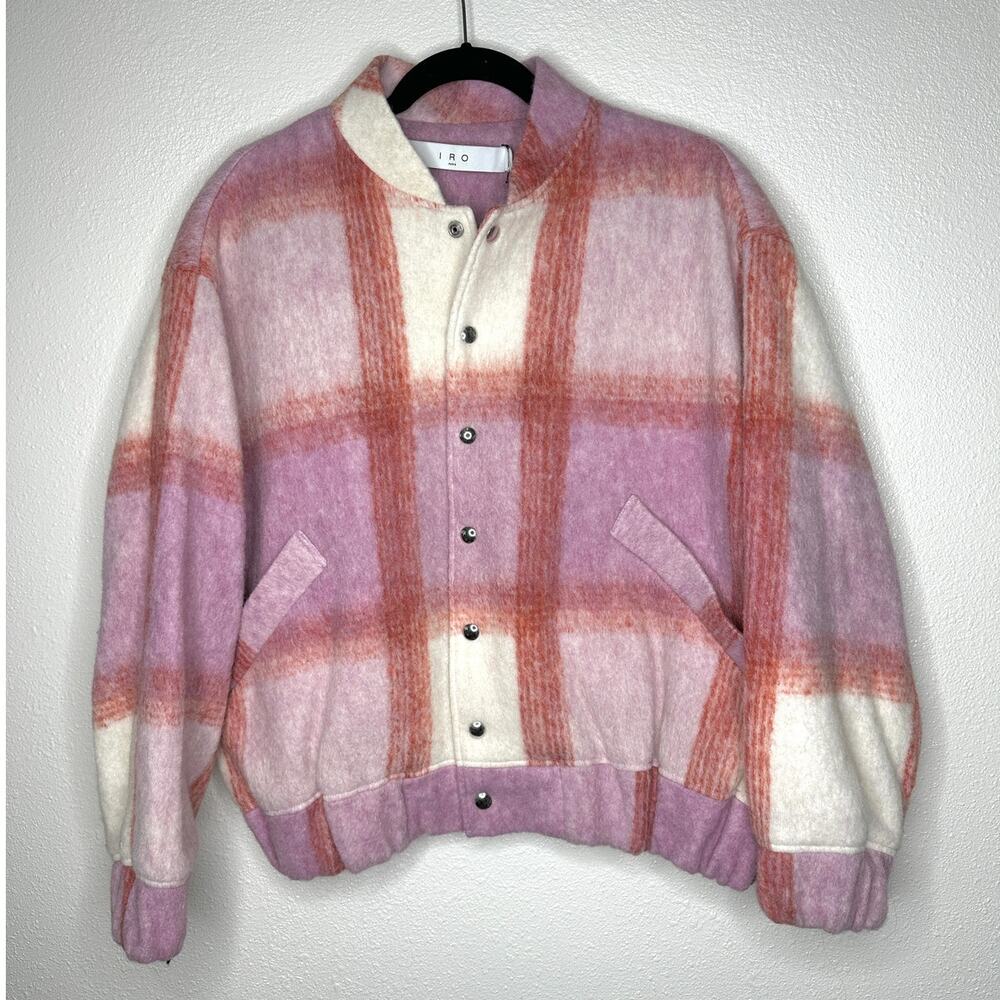 IRO Lahiana Biker Jacket Pink Tartan Plaid Long Sleeve Wool Bomber 40 / M - Picture 5 of 14